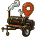 A stylized illustrated black smoker grill on a trailer with a large red location pin graphic behind it, shown on a plain white background.