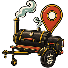 A stylized illustrated black smoker grill on a trailer with a large red location pin graphic behind it, shown on a plain white background.