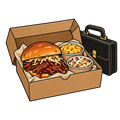 A stylized illustration of a meal in a brown cardboard box, featuring a large sandwich with a glossy bun, shredded meat, melted cheese, and coleslaw, alongside two bowls of side dishes and a black briefcase-shaped side item on a white background.